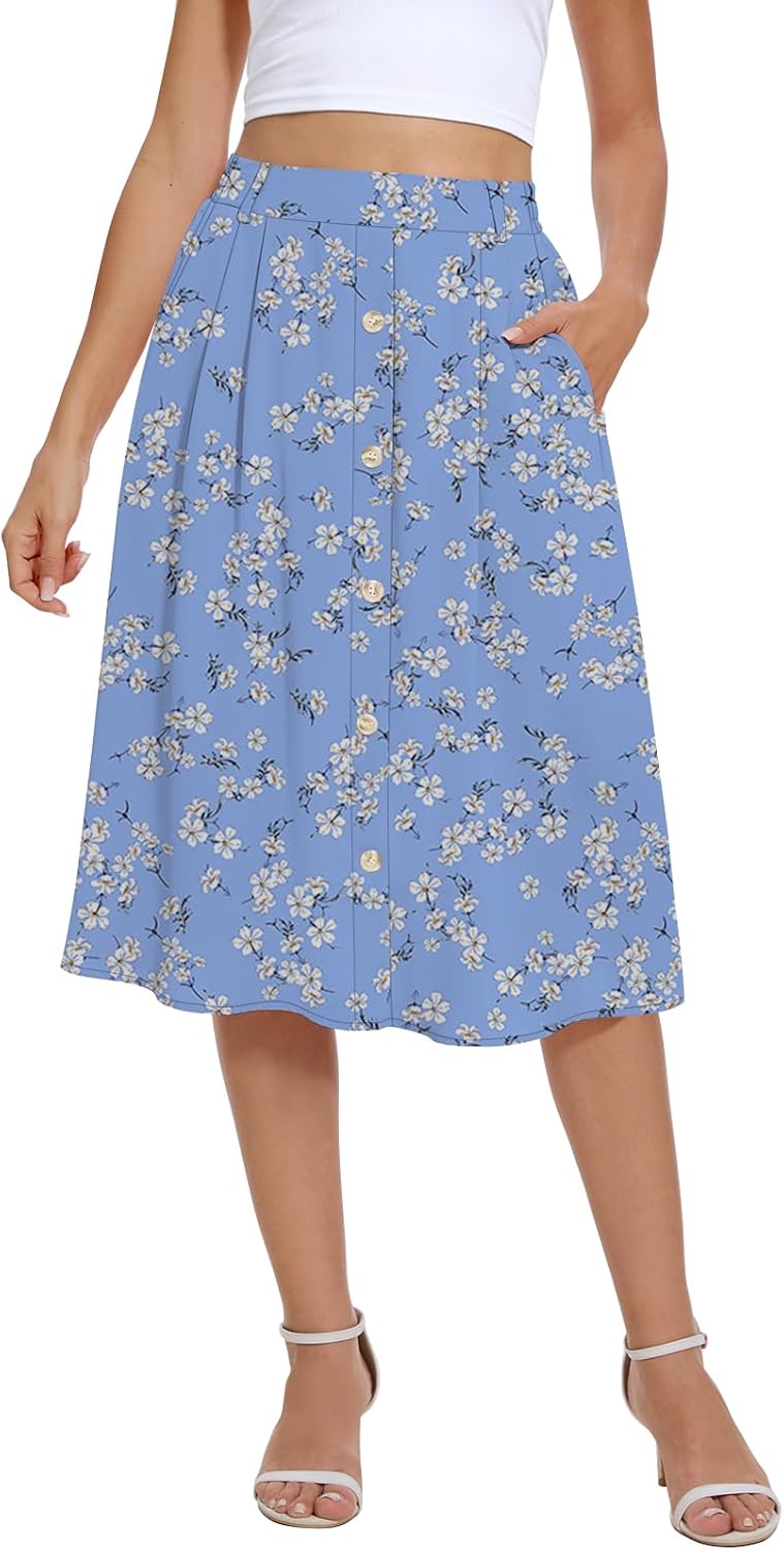 Yincro Women's Flowy Midi Skirt Summer Pleated High Waisted Casual Button Front Skirts with Pockets