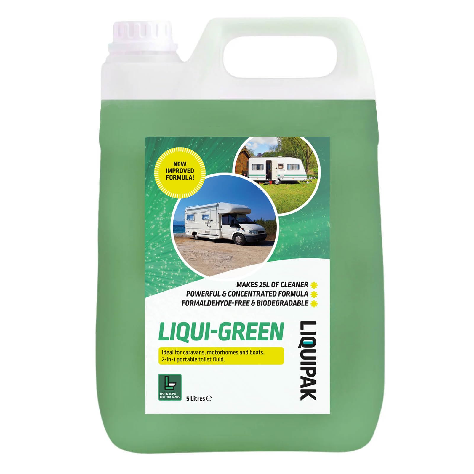 Liquipak Liquide de toilette pour caravane, vert liquide, produit chimique  pour caravane, camping-car, bateau  Liquide 2 en 1 haut et en bas,  respectueux de l'environnement et sans formaldhyde, 5 L :