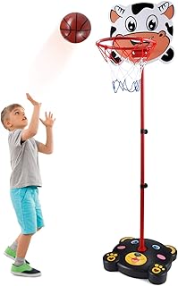 PELLOR Panier de basket réglable et portable pour enfants de 170 cm avec filet et balle, ensemble de jeu de sport réglable pour intérieur et extérieur, cadeau pour enfants