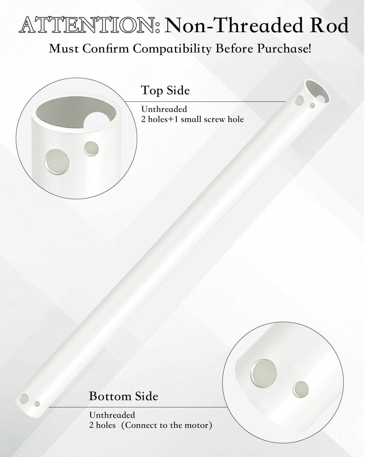 48 Inch Ceiling Fan Downrod, Extension Rod for Multiple Ceiling Heights, Non Threaded with 3 wires (White)