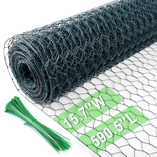 Image of Chicken Wire 15.7 in x 590.5 in Poultry Wire Netting Hexagonal Galvanized Mesh Garden Fence Barrier for Pet Rabbit Chicken Fencing with 100 Pcs Cable Zip Ties(PVC-Coated)