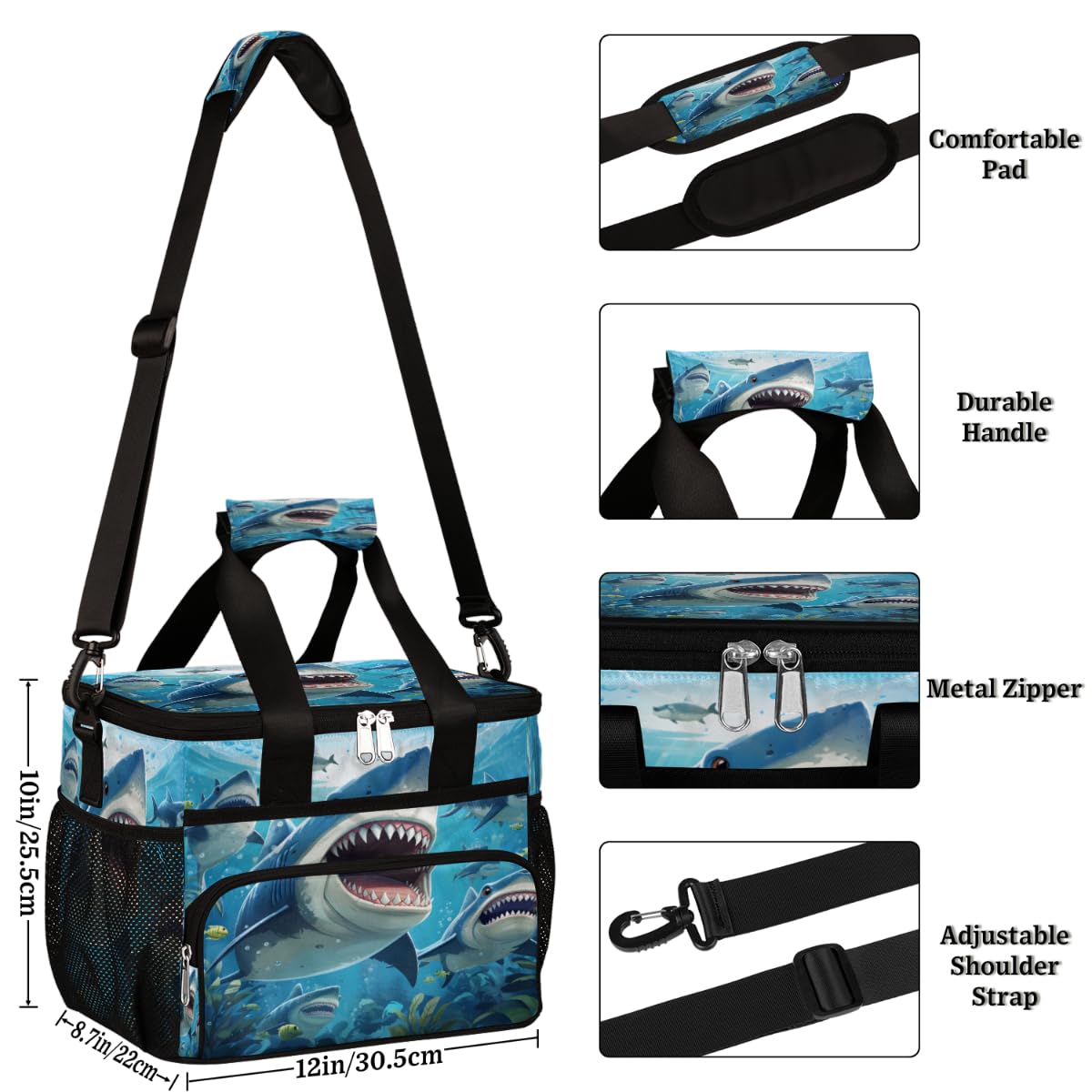 Ocean Sharks Insulated Picnic Backpack Lunch Box for Women Men Picnic Basket Tote Lunch Bag Picnic Bag Portable Lunch Bags for Picnic, Beach, Work, Trip,Office, Camp Shark
