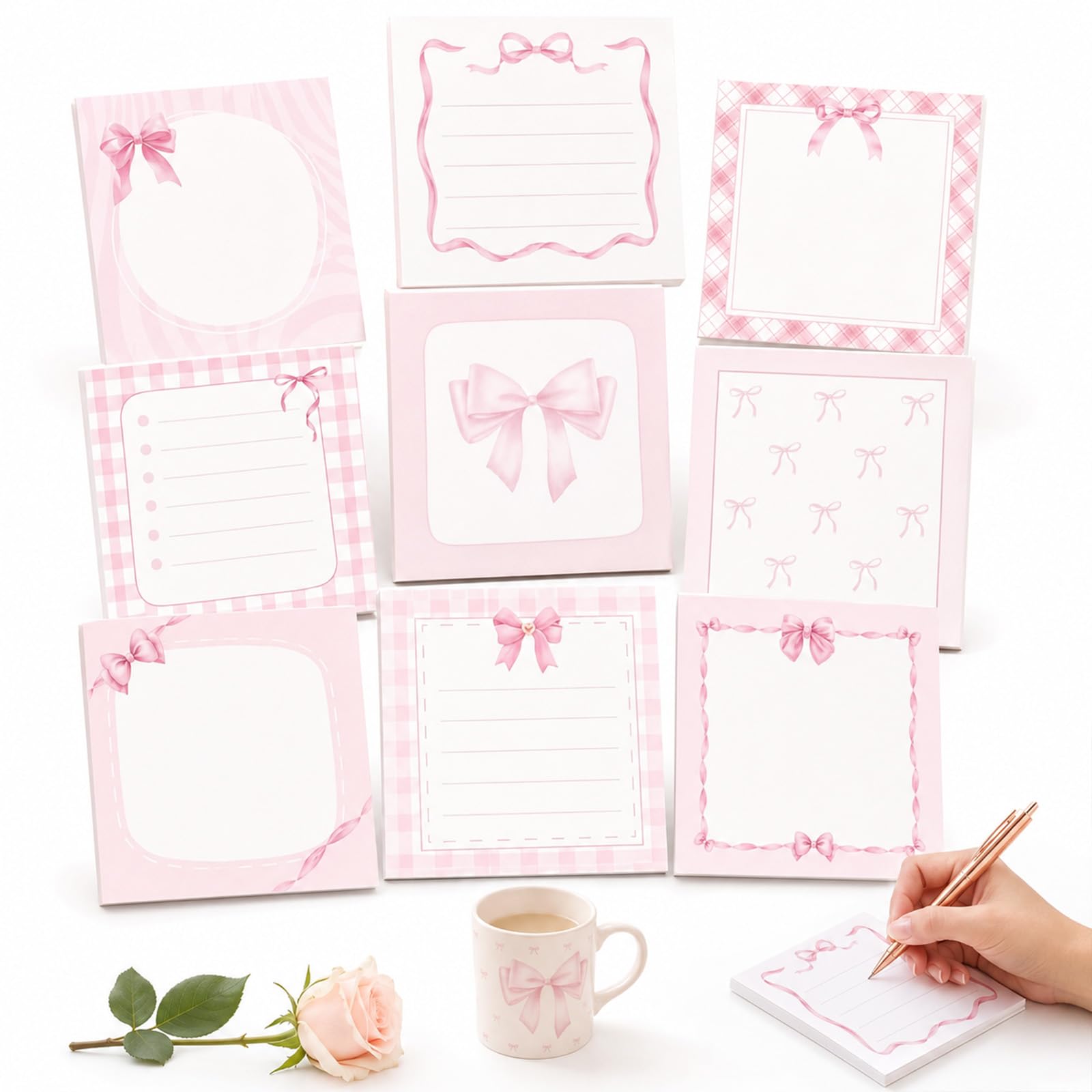 9 Pack Pink Bow Sticky Notes, 450 Sheets 3x3 Inch Self-Adhesive Memo Pads