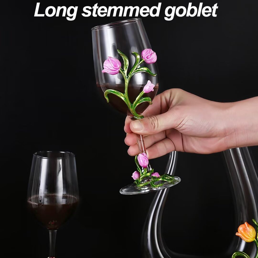 Karafka do wina, 350 ml emaliowany kryształowy kieliszek bezołowiowy, dekoracyjny zestaw upominkowy z długim uchwytem, elegancki kieliszek ślubny (1 szt.)