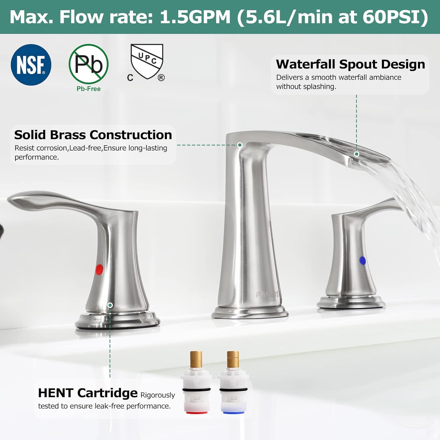 PARLOS Waterfall Widespread Bathroom Faucet 2 Handles with Metal Pop Up Drain & cUPC Faucet Supply Lines, Brushed Nickel, Demeter 1431802