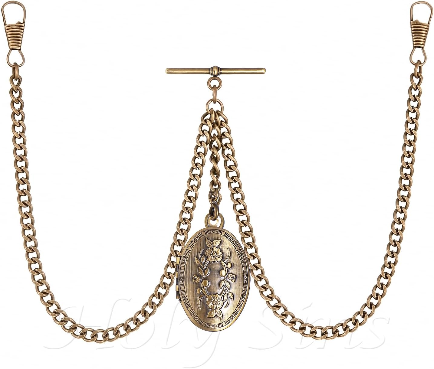 Vintage-Inspired 14" Bronze Pocket Watch Chain with Photo Locket Pendant | Elegant Double Albert T-Bar Design | Men's Classic Accessory