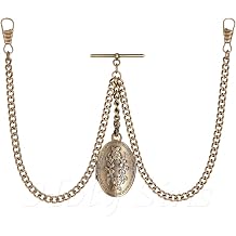 Vintage-Inspired 14" Bronze Pocket Watch Chain with Photo Locket Pendant | Elegant Double Albert T-Bar Design | Mens Classic Accessory