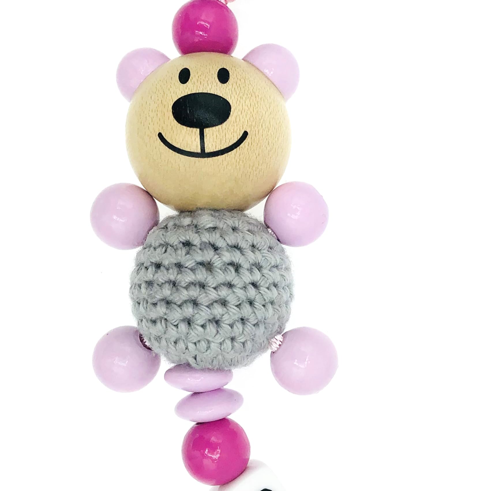 Set Nuckelkette + Kinderwagenkette mit Namen " 3D - BÄR MIT HÄKELKÖRPER/TEDDYBÄR " Rosa Hellgrau Pink/Baby/Unisex/Personalisiert/HANDMADE