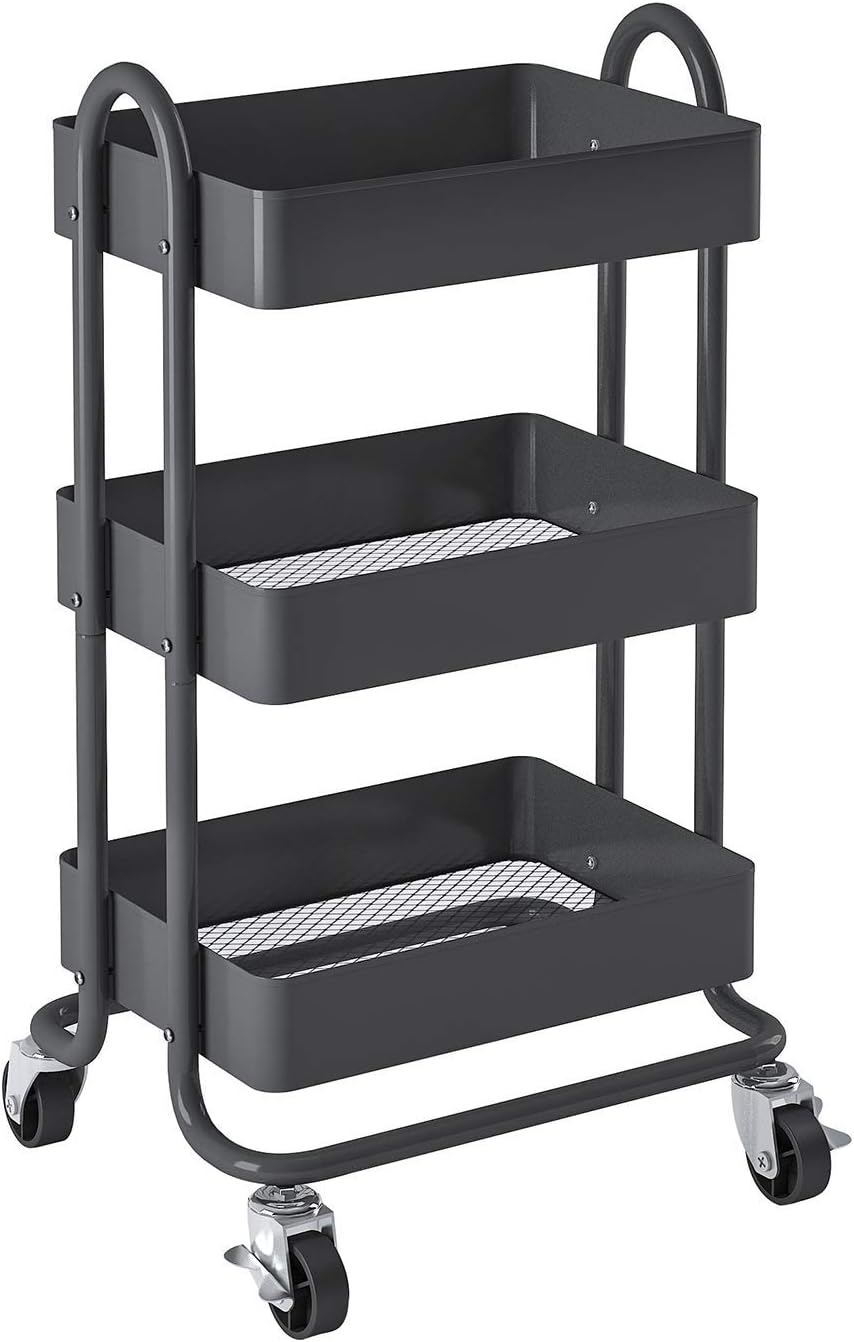 MIOCASA 3-Tier Metal Utility Rolling Cart, Heavy Duty Multifunction Cart with Lockable Casters, Easy to Assemble, Suitable for Office, Bathroom, Kitchen, Garden (Dark Gray) : Office Products