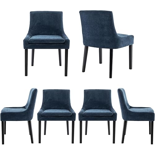 COLAMY Modern Dining Chairs Set of 6, Upholstered Corduroy Accent Side Leisure Chairs with Mid Back and Wood Legs for Living Room/Dining Room-Blue