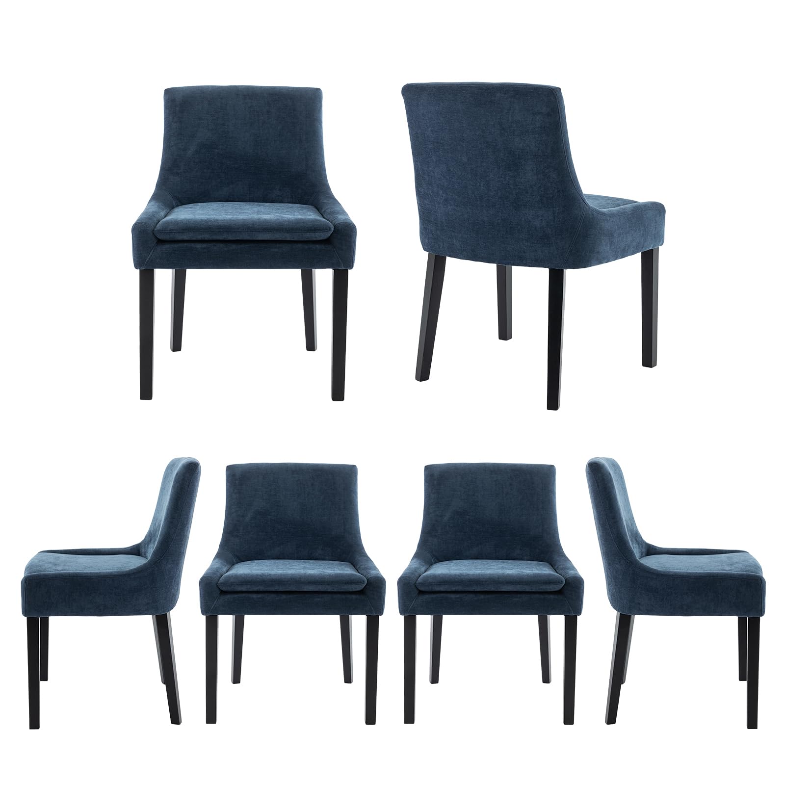 Two blue upholstered dining chairs with black wood legs in a modern living space.