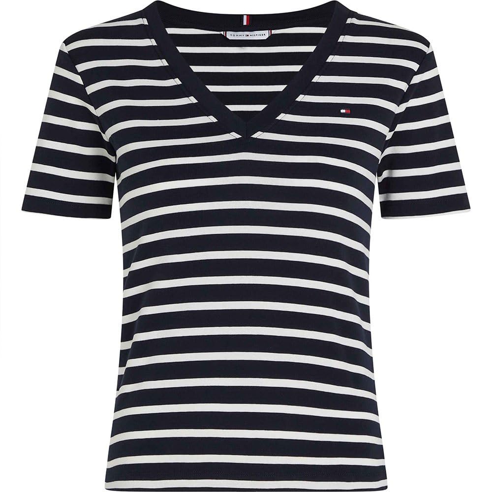 Tommy Hilfiger Women’s Short Sleeve T-Shirt New Slim Cody V-Neck, Multicolor (Nos Breton Desert Sky/Ecru), XXS