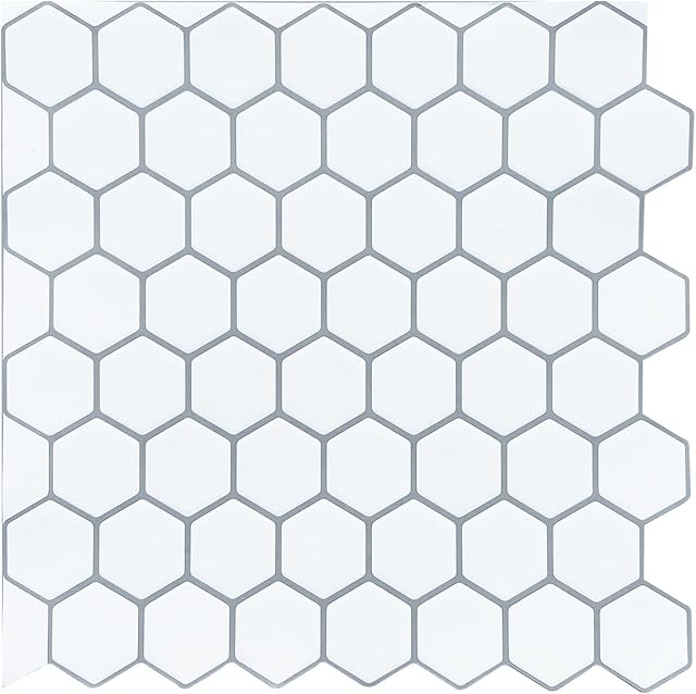 WoStick Peel and Stick on Tiles 10-Sheets, 3D Hexagon Self Adhesive Wall Tiles, Splashback for Home Kitchen Bathroom (12X12'')
