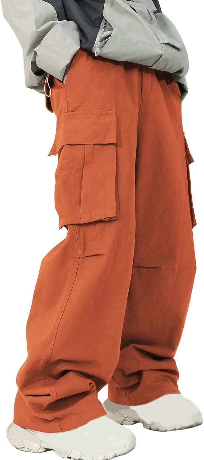Baggy Cargo Pants for Men Parachute Drawstring Streetwear Trousers | soft woven texture, oversized flat pockets, adjustable drawstring waist, relaxed wide leg, street outfit styling
