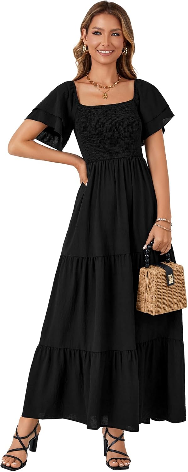 LYANER Women's Casual Summer Midi Dress Ruffle Short Sleeve Square Neck Smocked Tiered Ruffle Dresses - Image 6