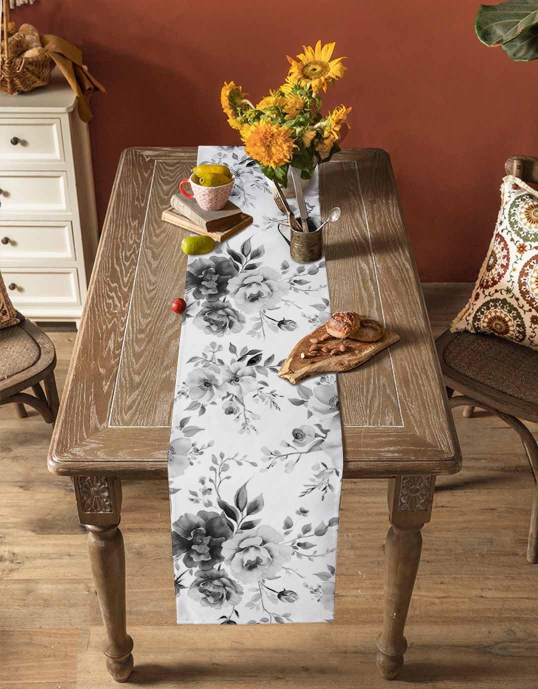Cotton Linen Table Runner Watercolor Ink Flowers Dresser Scarf Abstract Color Gradient Floral 13"x90" Kitchen Dinning Table Runners Decor for Indoor Outdoor Party Holiday Wedding Black White Grey