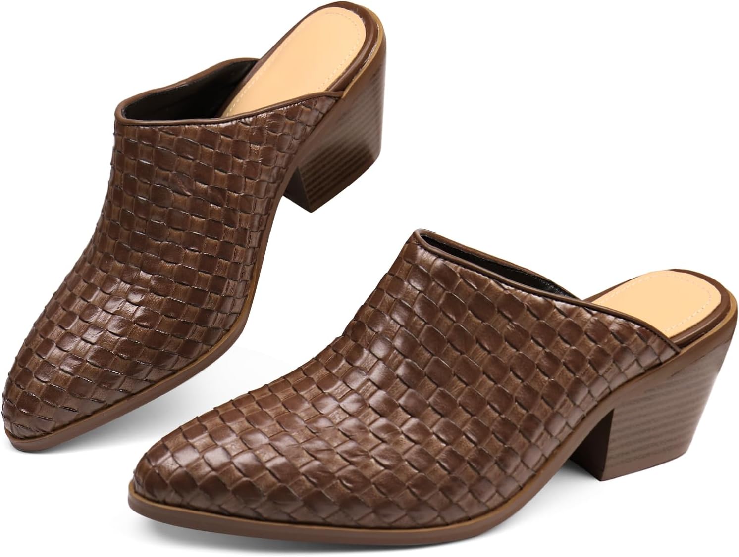 POYOIOR Women’s Pumps Closed Pointed Toe Block Heel Mule Chunky Stacked Heeled Slip On Slippers Casual Comfortable Shoes