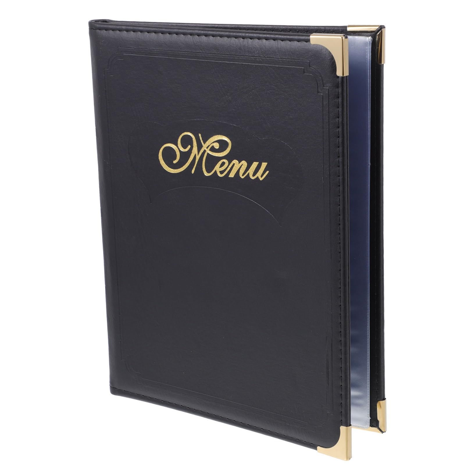 GALPADA Cartella Porta Menù in Pelle A4 Copertina Nera, Portamenù Resistente Pagine Interne Trasparenti e Angoli Metallici Decorativi, Cartella Menu Per Uso Ristorante, Bar e Casa