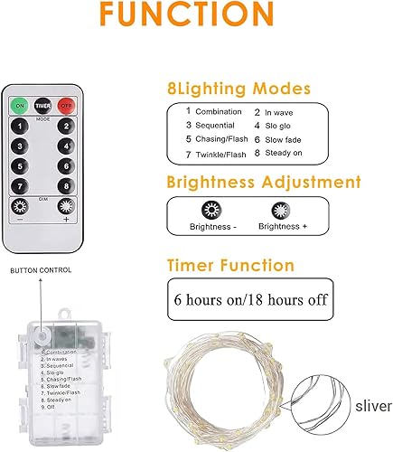 Miniatura 6 de Paquete de 2 luces de hadas impermeables con pilas, luces de Navidad para exteriores, luces parpadeantes con temporizador y control remoto para