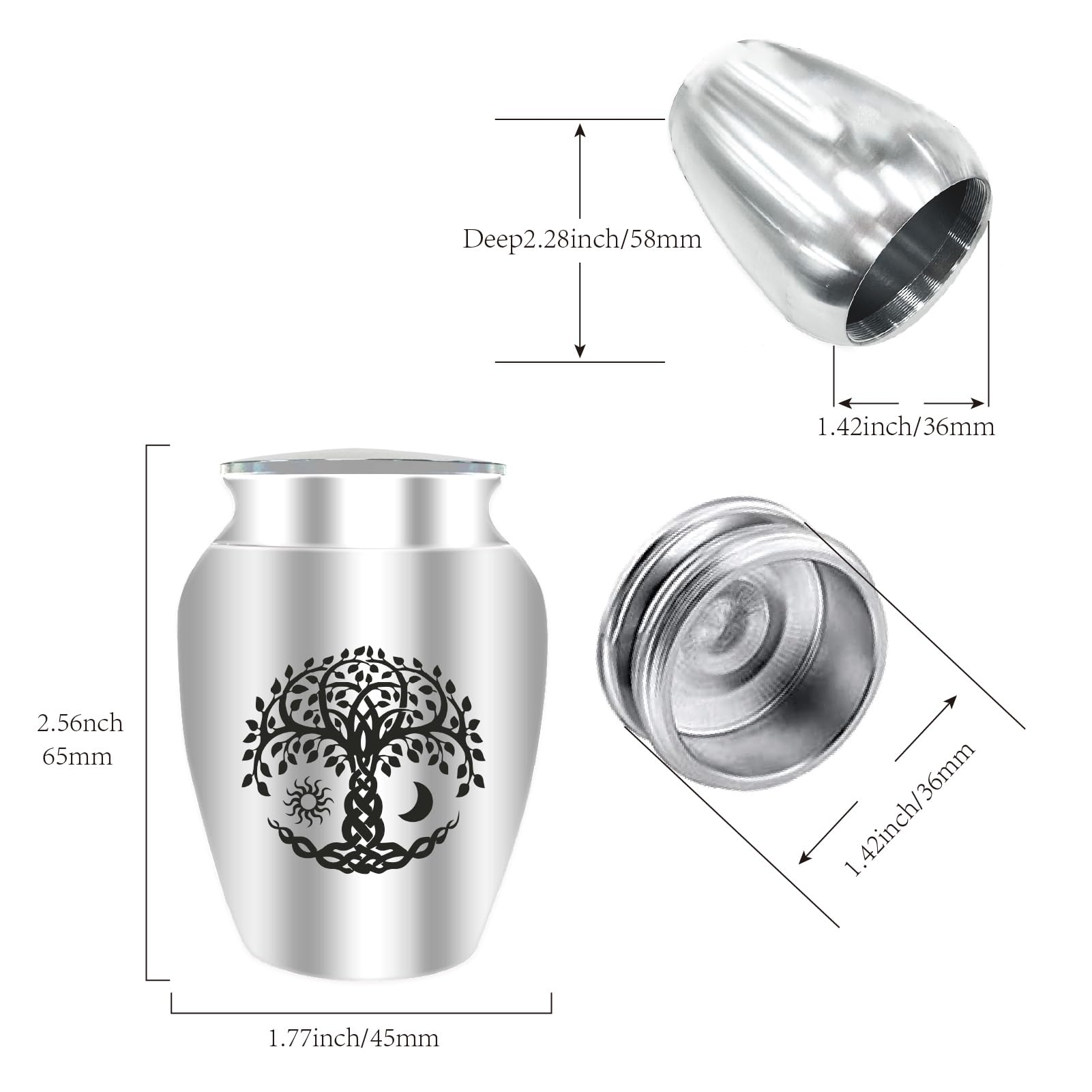 CREATCABIN Mini Cremation Urn Small Keepsake Urns Ashes Holder Silver Tree of Life Son Moon Alloy Sharing Funeral Urn Kit Memorials Miniature Container Decorative Urn for Female Male Pets 2.6x1.8Inch - Image 2