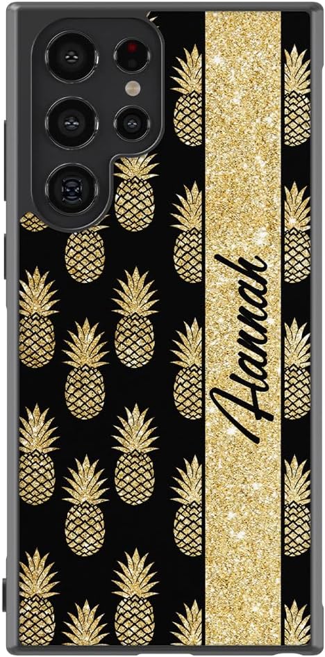 Gold Pineapple Personalized Black Rubber Phone Case Compatible With Samsung Galaxy S25 S25+ S25 Ultra S24 S24+ S24 Ultra S24FE, S23 FE S23+ Ultra S22 S22+