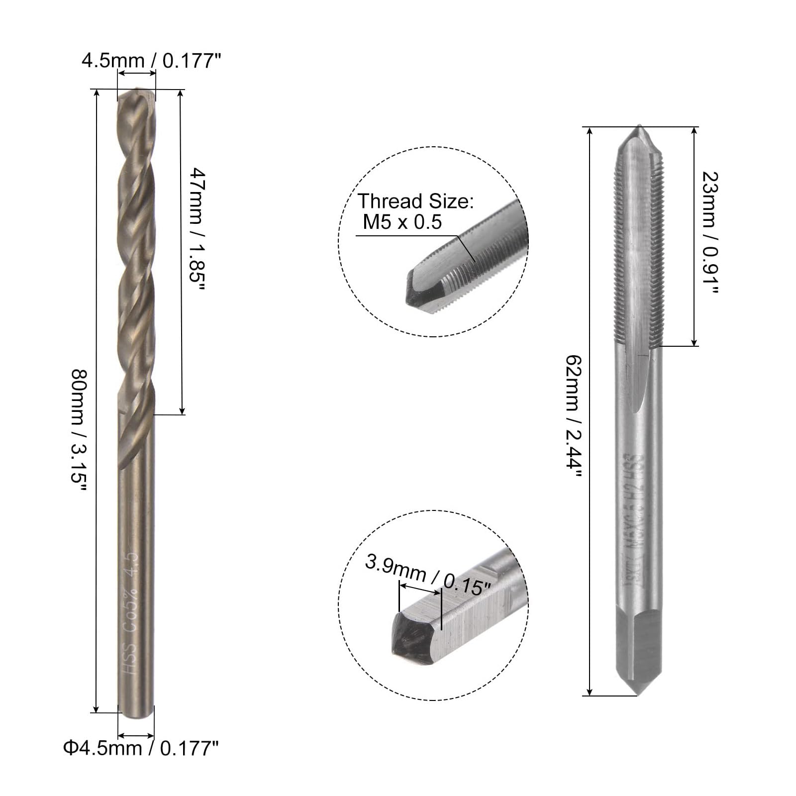 MACHSWON Tap & Bit Sets,M5x0.5 H2 Straight Flute Machine Thread Milling Tap,4.5mm M35 Cobalt High Speed Steel (HSS-CO) Twist Drill Bit - Image 2