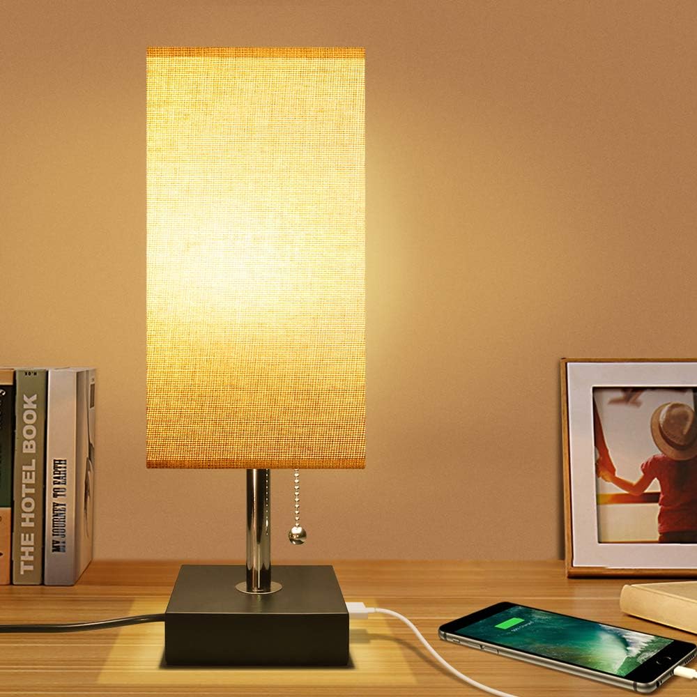 Seealle Table Lamp for Bedroom, Grey USB Bedside Lamp with 2 USB Fast Charging Port, 10 Inch Small Nightstand Lamp Desk Lamp with Solid Wood Base Pull Chain Lamp for Bedroom Living Room Guest Room