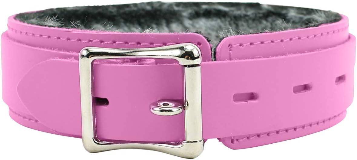 VP Leather Avery Collar Faux Chinchilla Fur Latigo Leather Handcrafted (Large, Pink)