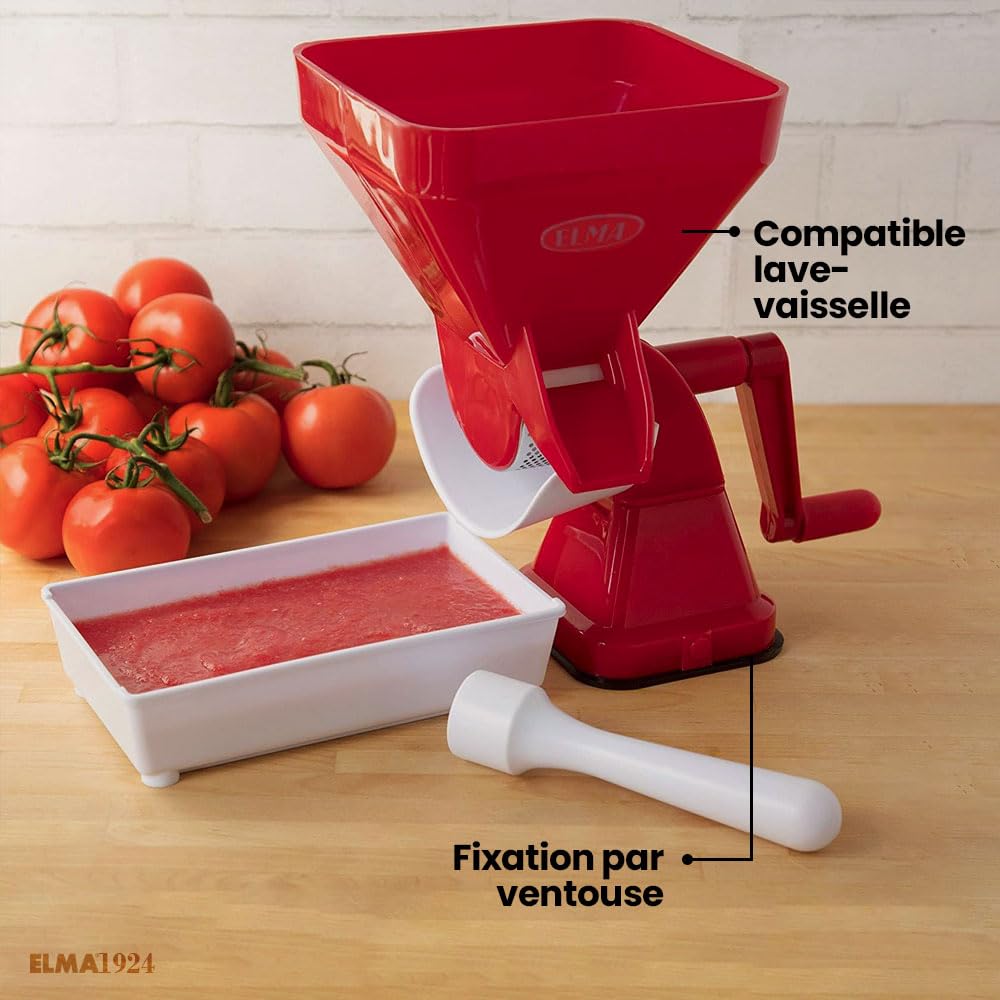 ELMA Presse-tomate Manuel, Presse-tomate Domestique | Base à Ventouse, avec Filtre en Acier Inoxydable, Plastique Rouge