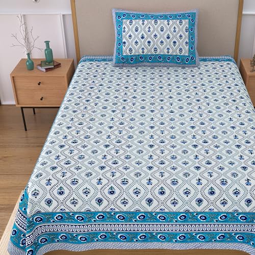 Image of 100% Cotton Single Bedsheet with 1 Pillow Cover | 240 TC Pure Cotton Flat Bed Sheet | Traditional Jaipuri Printed Bedding Set | Soft & Breathable | 60 x 90 Inch (Rangmahal Single 37)