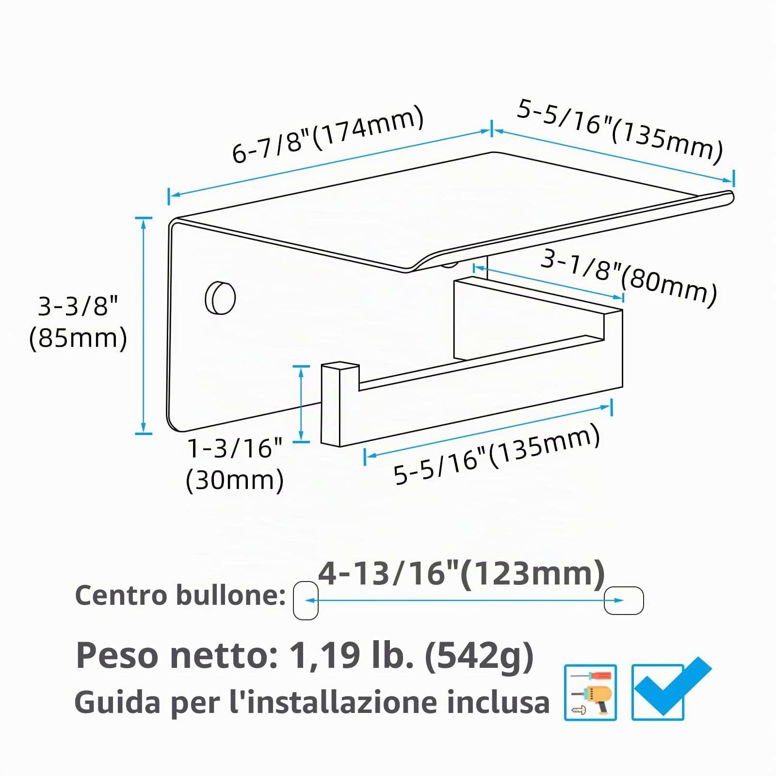 APLusee Porta carta igienica nero opaco con mensola, lato sinistro, in acciaio inox 304, montaggio a parete