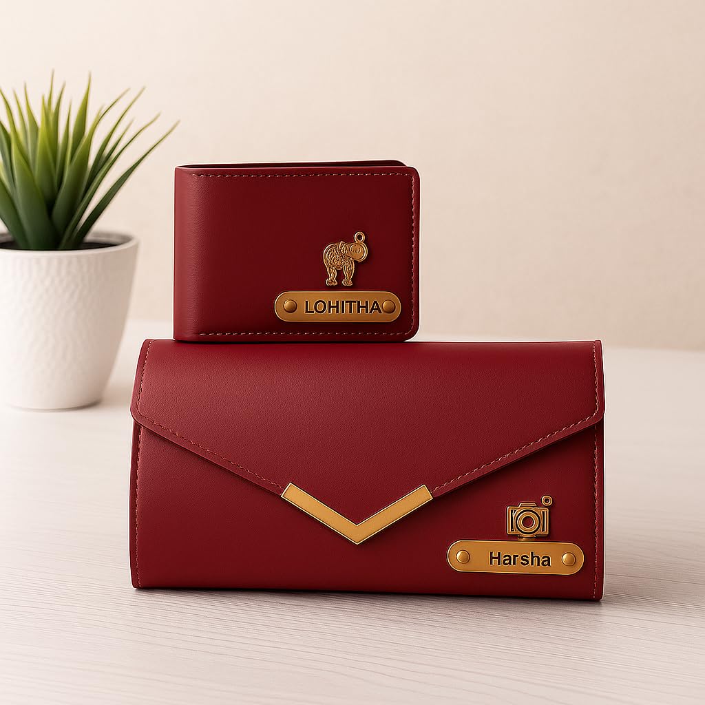 celed Personalized Couple Gift Set | Leather Wallet & Clutch Combo for Wedding & Special Occasions (Red)-picture-39