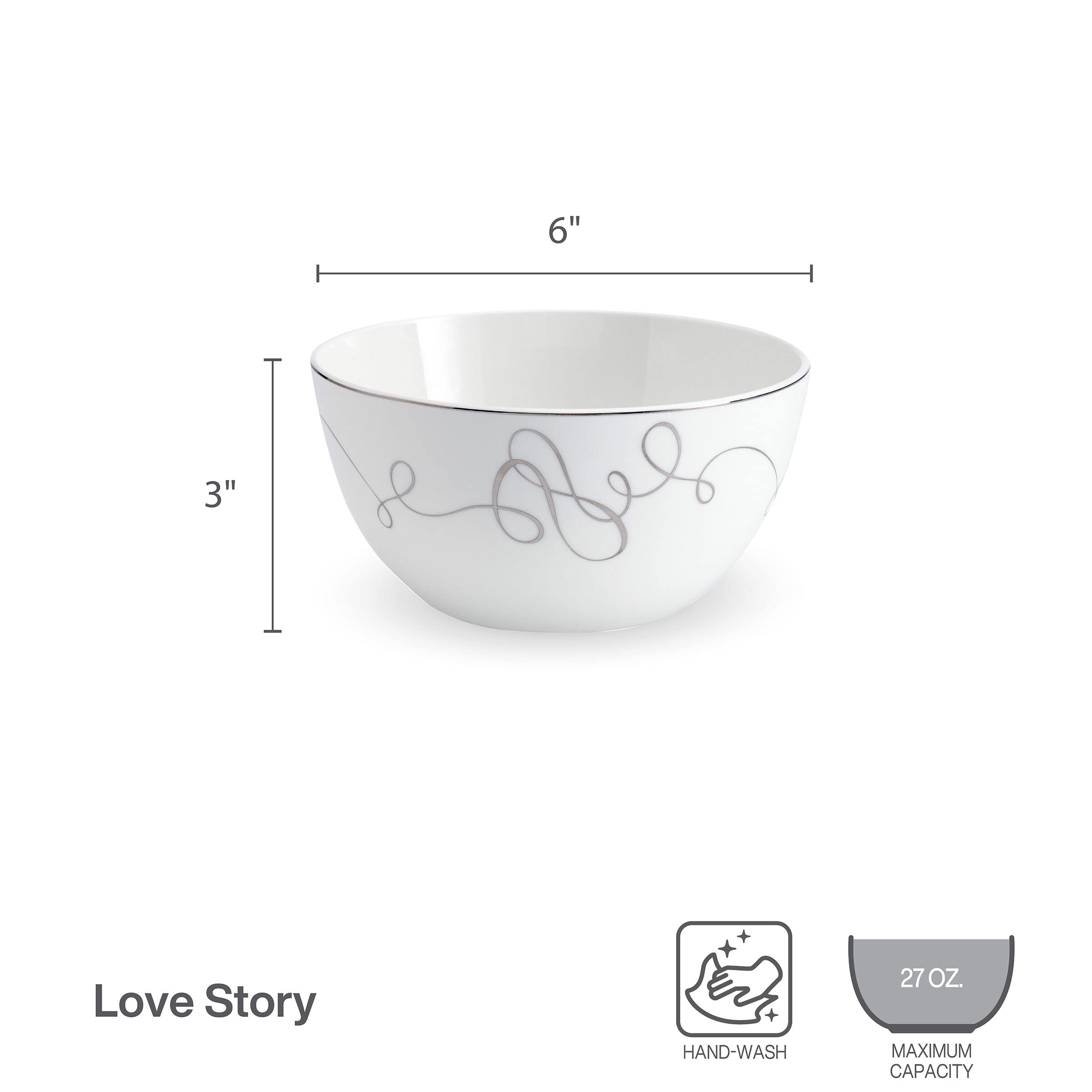 Mikasa Love Story Platinum Banded - Juego de 4 cuencos multiusos, color blanco