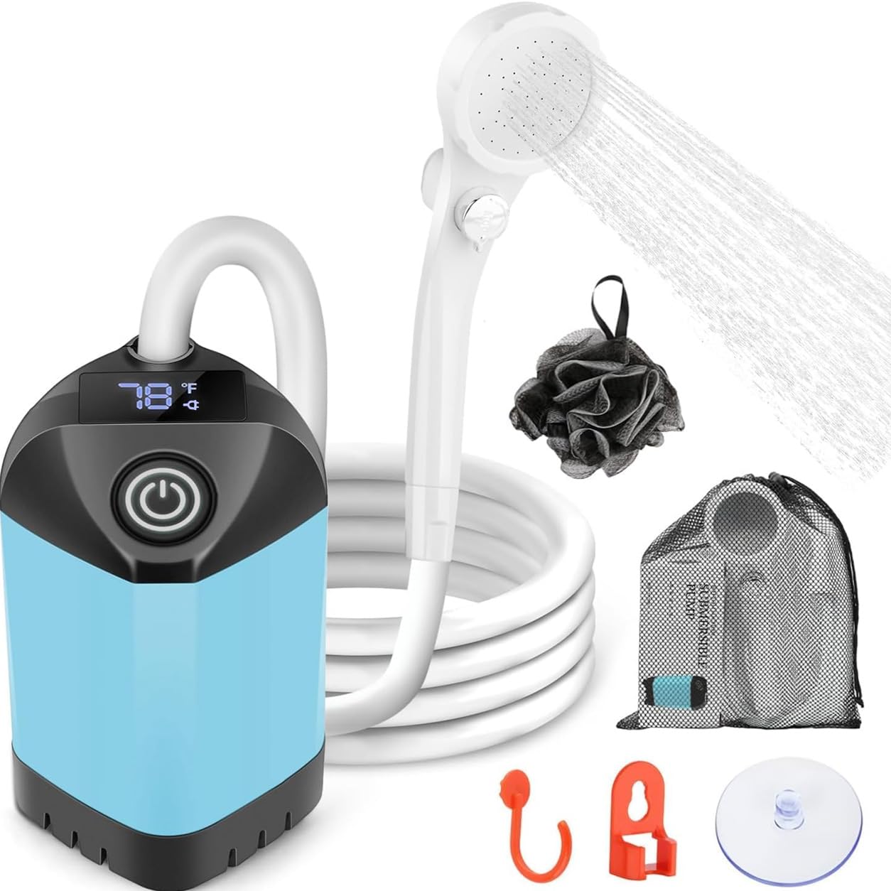 B013 Bomba de ducha portátil para camping, 7800 mAh, ducha de larga duración y silenciosa para exteriores con pantalla LED, IPX8 impermeable para baño de mascotas, lavado de autos y RV | IPX8 impermeable, baño para mascotas y lavado de coche, compatible c