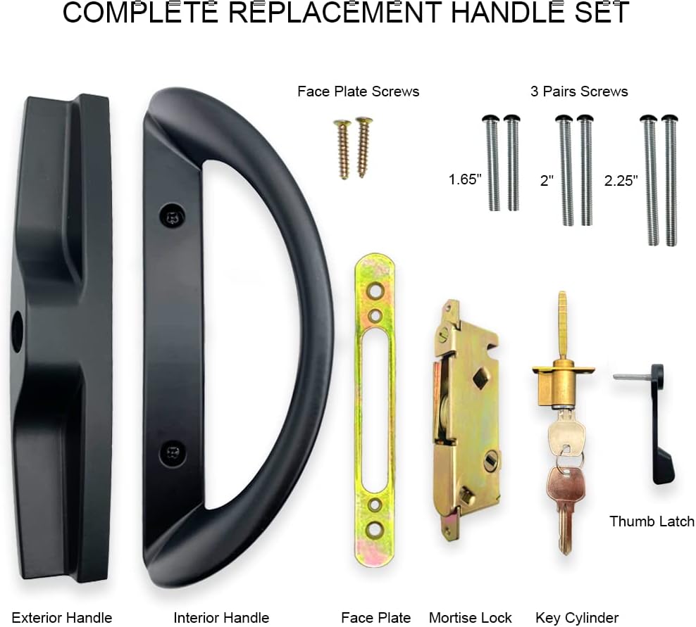 ALLYWASAI Patio Sliding Door Handle Set with Mortise Lock, Key Cylinder and Face Plate, Full Replacement Handle Lock Set Fits Door Thickness from 1-1/2" to 1-3/4", 3-15/16" Screw Hole Spacing, Black