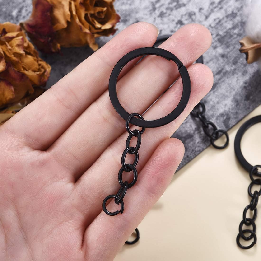 LANBEIDE 35Pcs Black Split Key Ring with Chain and Jump Rings, Keychain Ring Parts with 30mm Open Jump Ring and Connector for DIY Crafts Key Chain Making