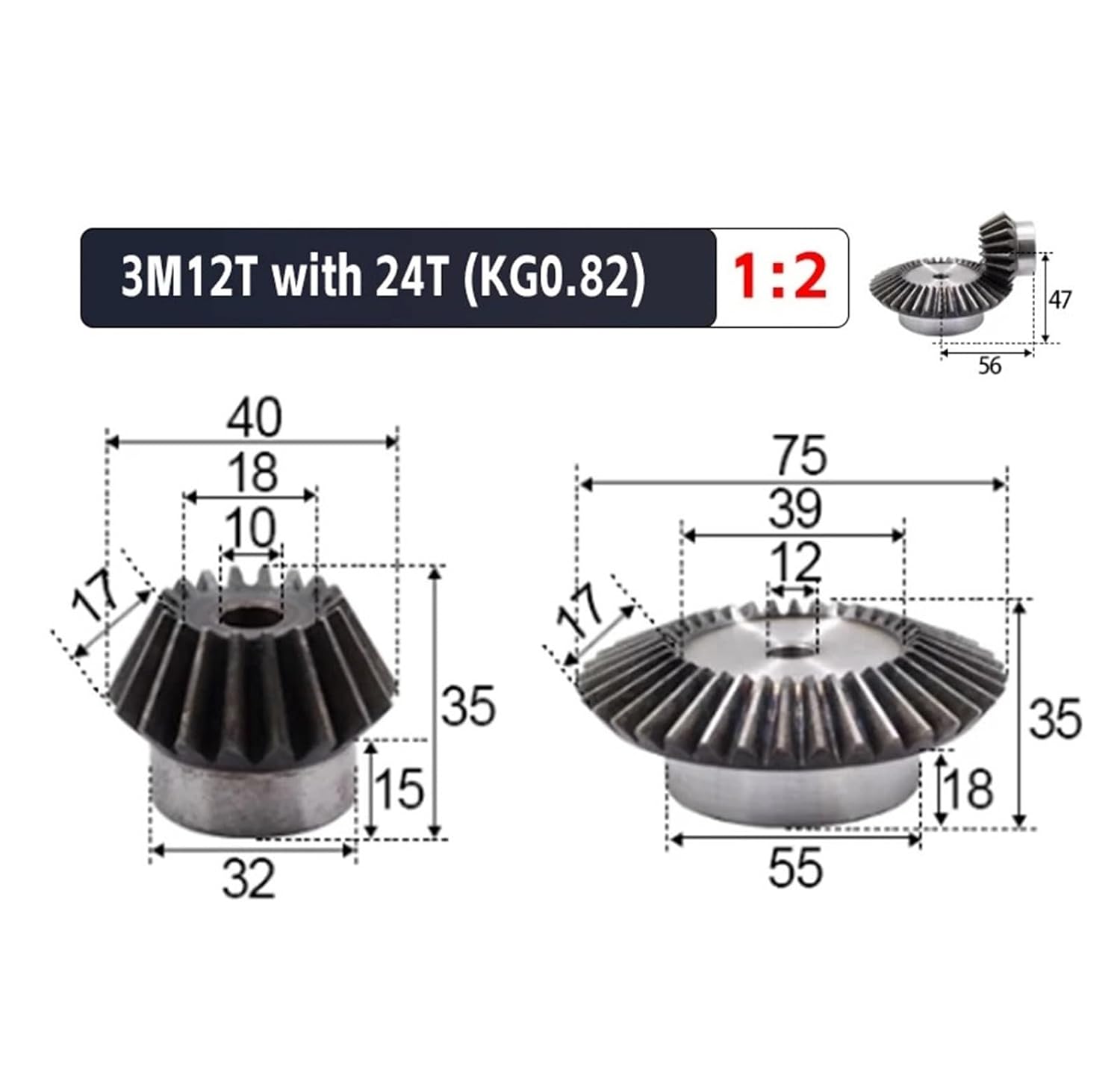 Bevel Gear Pinion Hardware Mechanical 2pcs 1:2 Bevel Gear 3 Modulus 12 Teeth + 24teeth Inner Hole 10mm 90 Degree Drive Commutation Steel Gears Steel Gears Screw M5