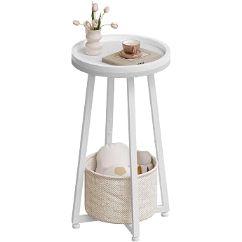 HOOBRO EWW183BZ01 Round Side Table Small Bedside Table Sofa Table Modern Coffee Table with Raised Edge and Beige Fabric Basket for Small Spaces Living Room Dorm White