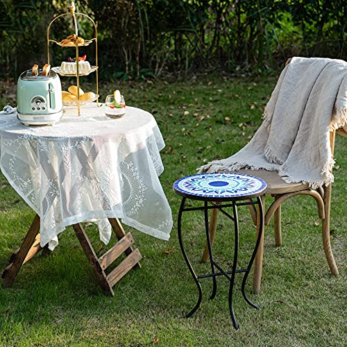 Vonluce 21" Mosaic Plant Stand, 14 Inch Round Side Table With Ceramic Tile Top, Indoor And Outdoor Accent Table, Outdoor Patio Furniture, End Table For Garden Patio Living Room More, Blue #TOP1