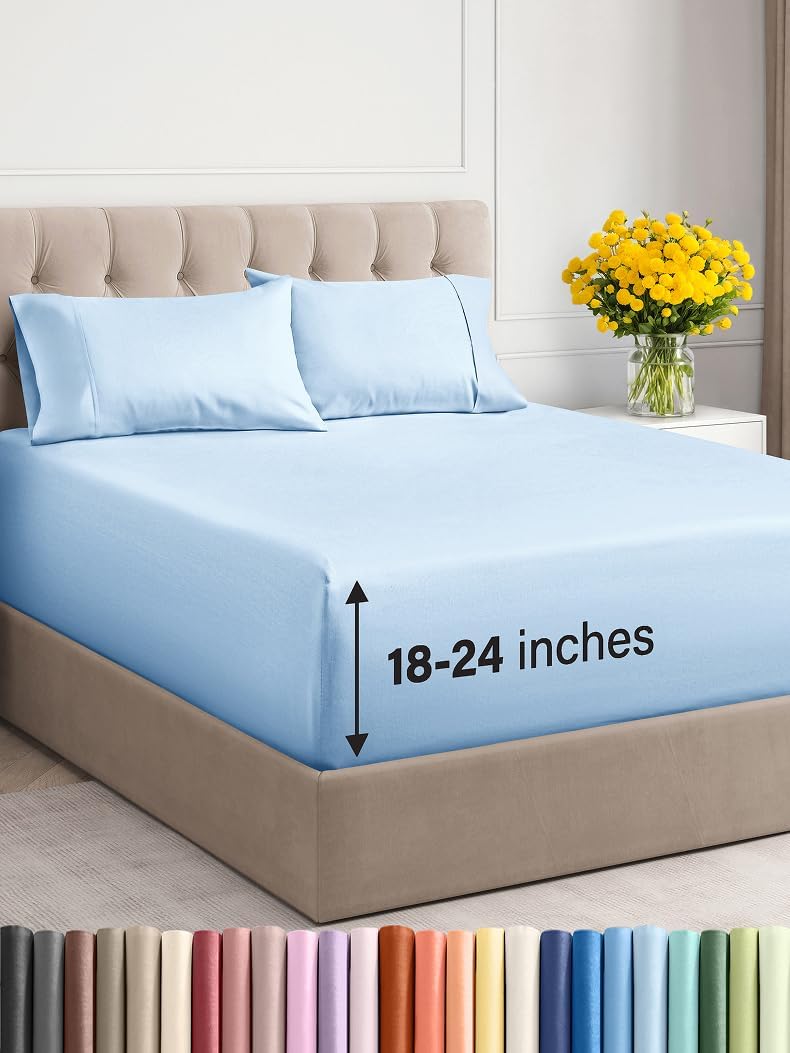 Extra Deep Twin XL Sheet Set - 4 Piece Breathable and Cooling Sheets - Hotel Luxury Bed Sheets Set - Easy Fit - Soft, Wrinkle Free and Comfy Sheets Set - Light Blue Sheet Set with Extra Deep Pockets