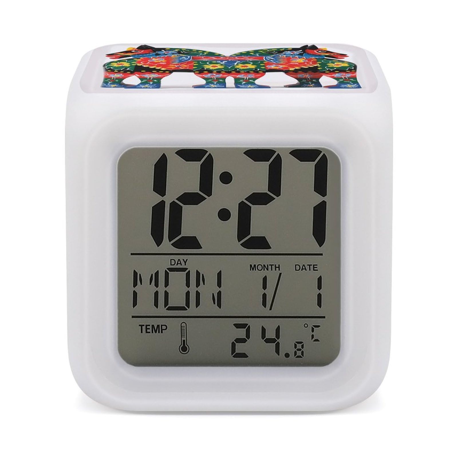 VstaDank Runner Swedish Dala Horse Folk Digital Alarm Clock LED Display Screen Color Change Alarms Clock Smart Alarm Clock Wake Up Digital Clocks with 7 Color Nightlight for Bedroom