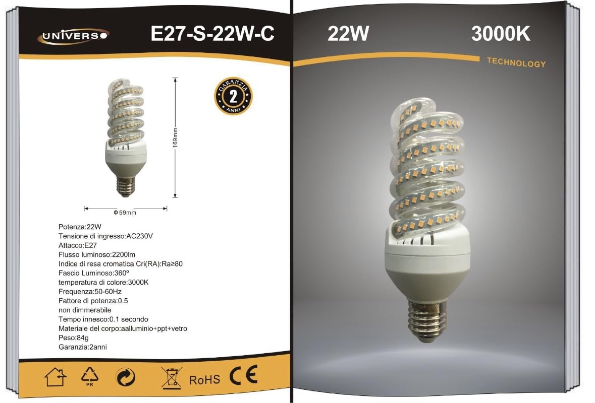 Lampadine LED E27 22W, Confezione da 10 Pezzi, 2200LM, 3000K/4000K/6500K, Luce Calda, Naturale e Fredda, Lampadina LED a Spirale, CRI>80, Illuminazione 360°, Risparmio Energetico, E27-S-22W-C