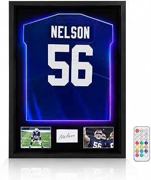 32"x24" Black LED Jersey Frame Case Displaying 2 Photos & A Signature | Wall Mounted Shadow Box Fits Baseball Basketball Football Soccer And Hockey Jerseys With Colorful Led Lights Display Options.