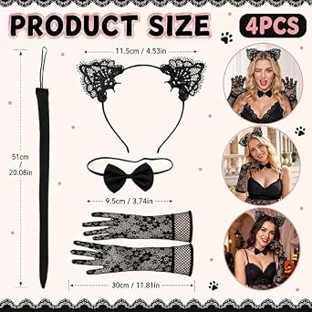 4 Pcs Black Cat Ears and Tail, Halloween Cat Ears Costume
