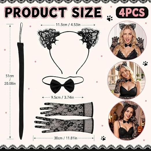 4 Pcs Black Cat Ears and Tail, Halloween Cat Ears Costume