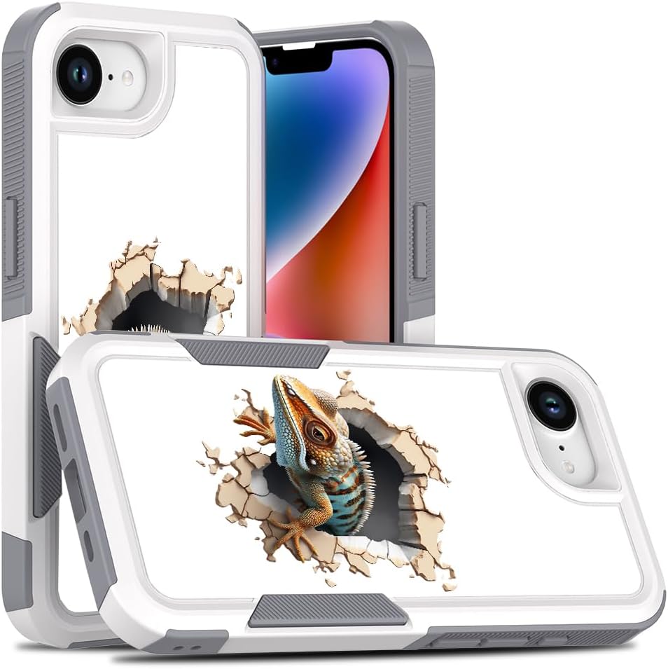 Case for iPhone 16E, Unique Animal Pet Design Shock-Absorption Hard PC and Inner Silicone Hybrid Dual Layer Armor Defender Case for iPhone 16E (Cute Lizard) White