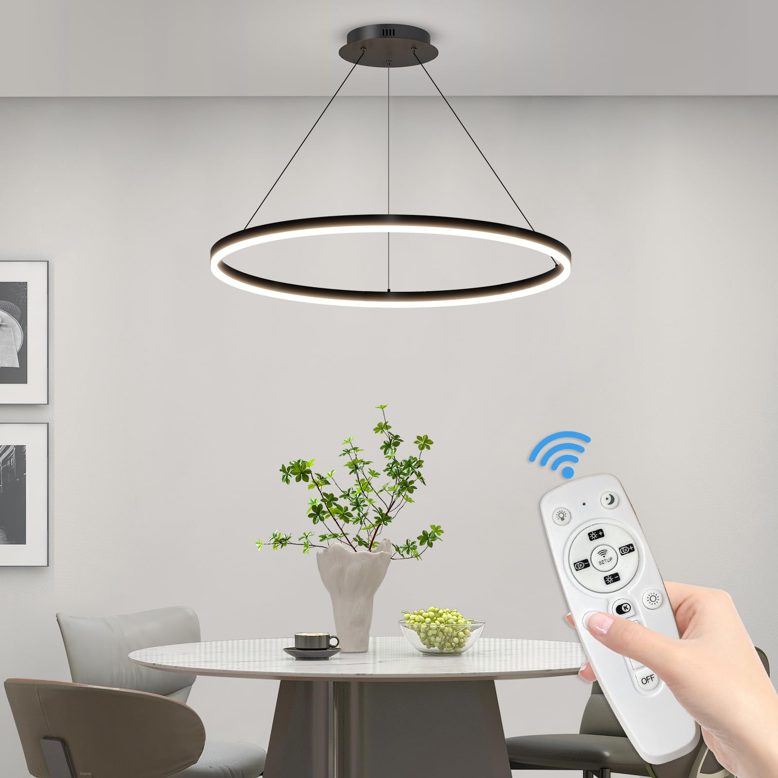Mikeru 60cm Round Pendant Light, Dimmable Breakfast Island Lighting 10% to 100% Hanging Dining Table Lights Ceiling Modern LED Kitchen Pendant Light 3000K/4500K/6000K for Home, Office — image 1