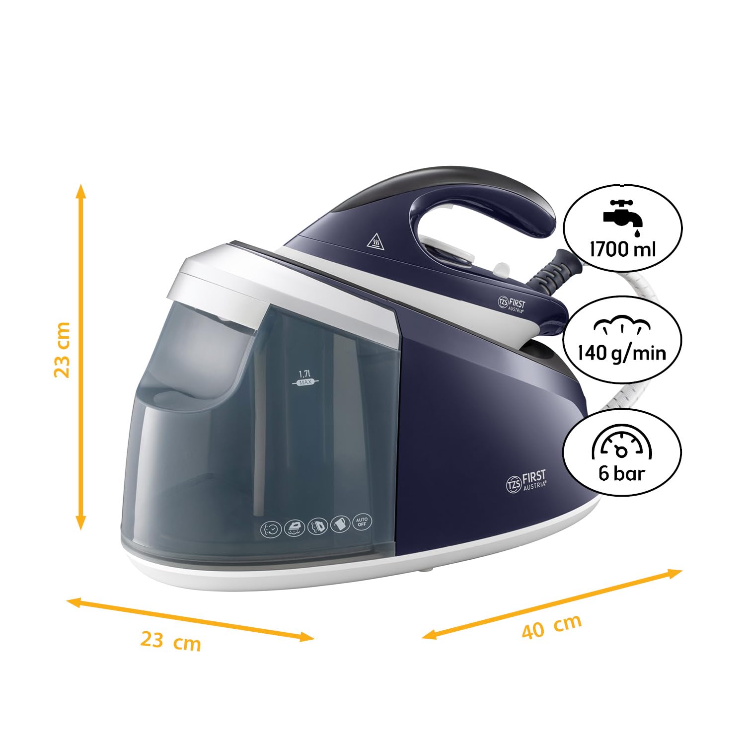 TZS First Austria - Ferro da Stiro con Caldaia 1,7L - 3000W - 6 Bar & 140g/min Vapore Continuo - Piastra in Ceramica - Stiro Verticale & Funzione Anticalcare - Blu