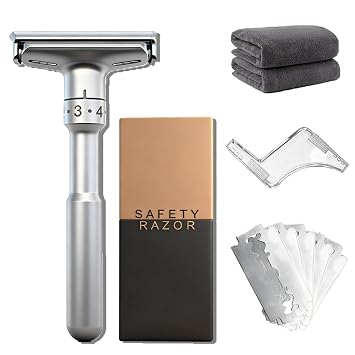 Travel Double Edge Safety Razor, Classic Safety Shaver Razor with Long Handle Adjustable Razor with Beard Shaping Tool and Hot Compress Shaving Towel