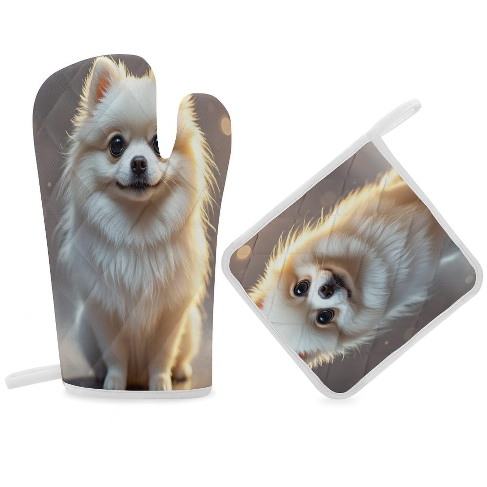 Lovely Pomeranian Oven Mitt Gloves and Heat Insulation Pads Double-Layer Thickened Heat Insulation Mitt Temperature Oven Gloves for Cooking Baking Grilling